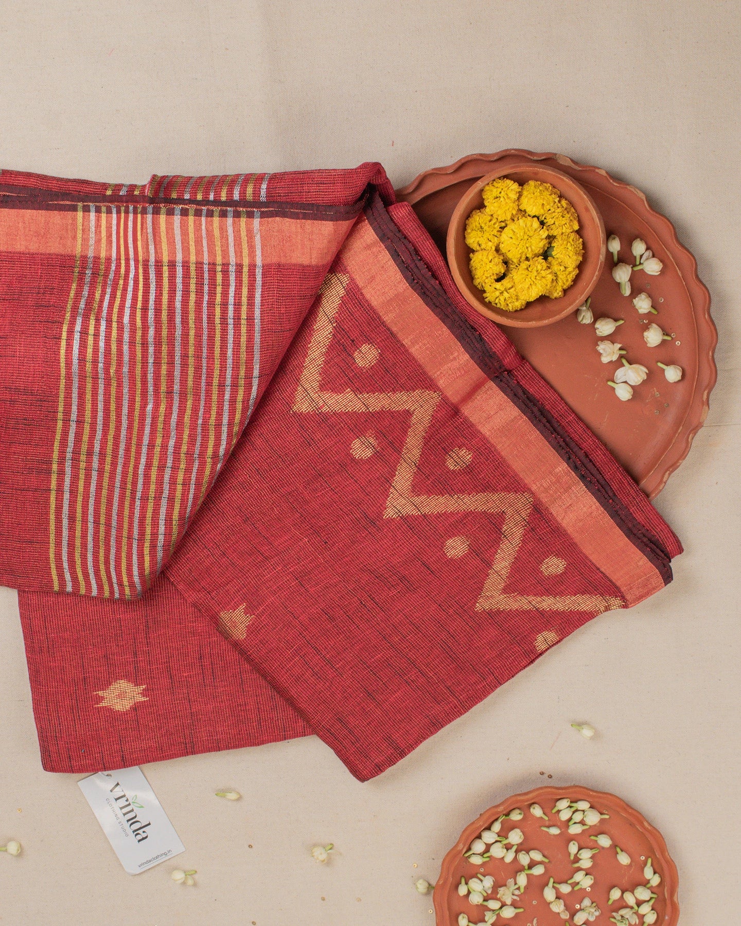Alpona Maroon Linen Saree