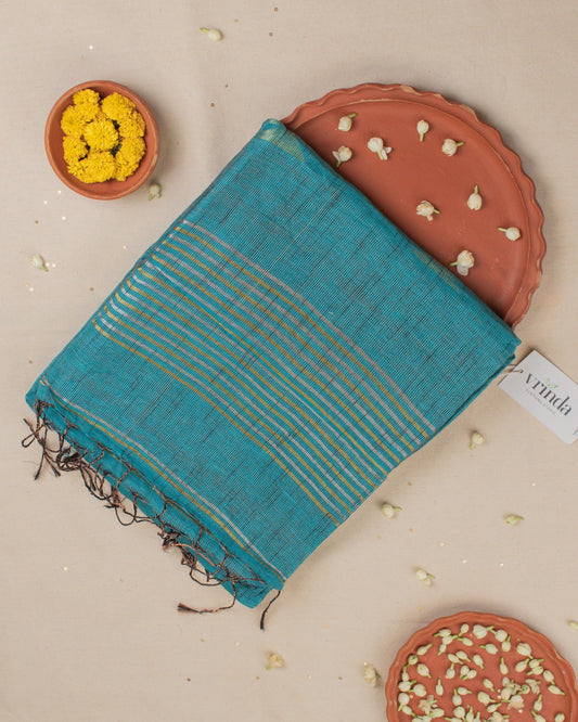 Alpona Teal Linen Saree