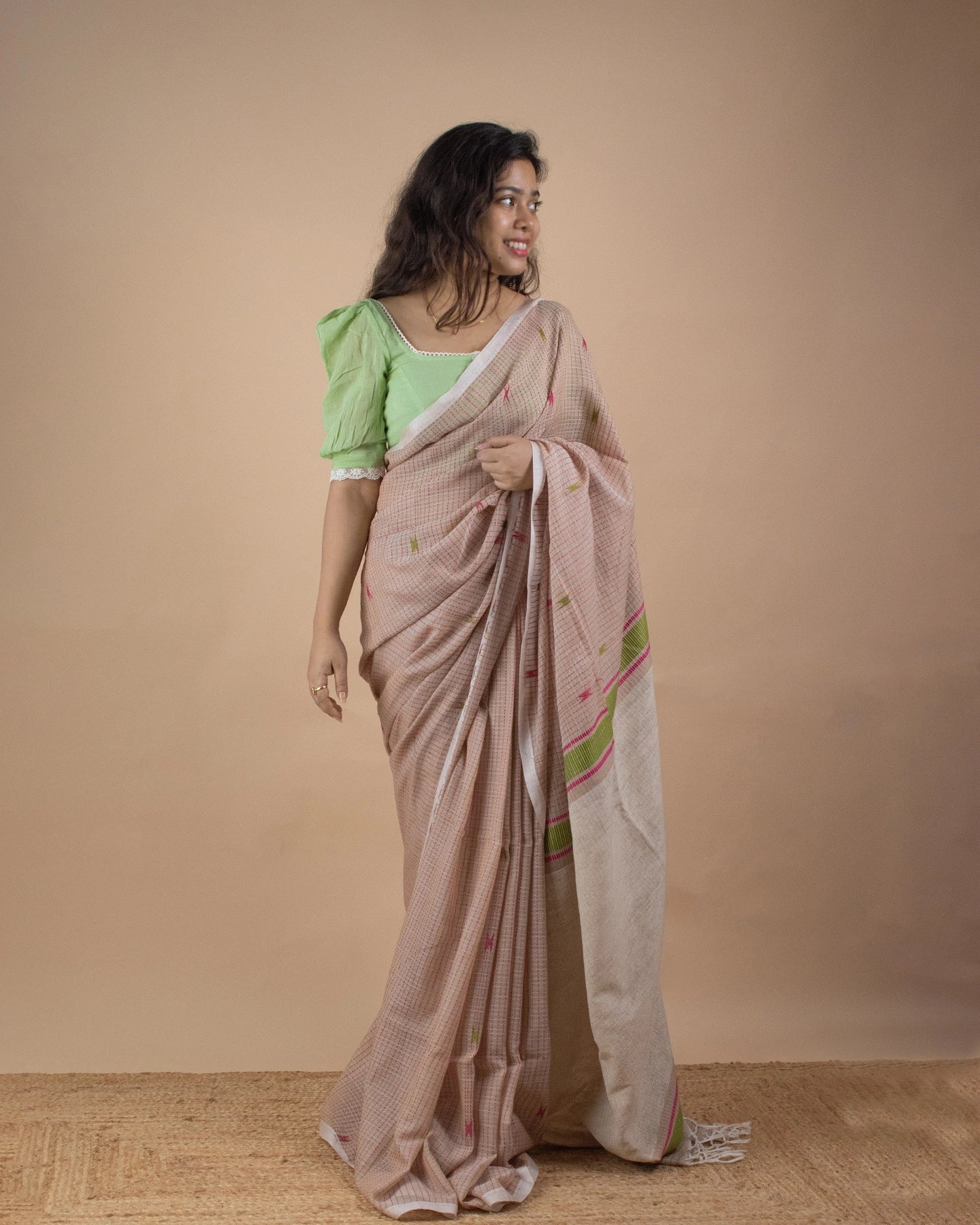 Beige Kantha Handwoven Saree