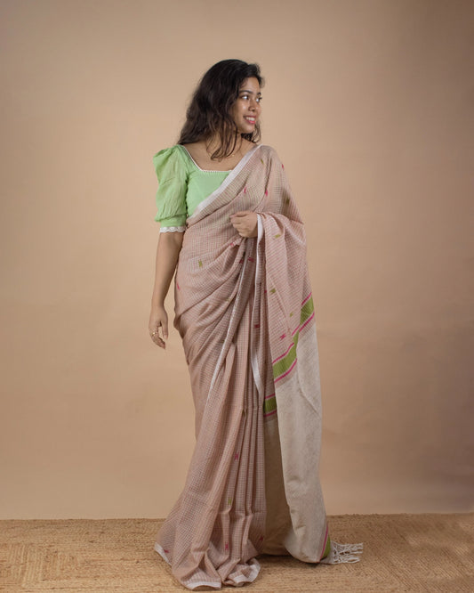 Beige Kantha Handwoven Saree