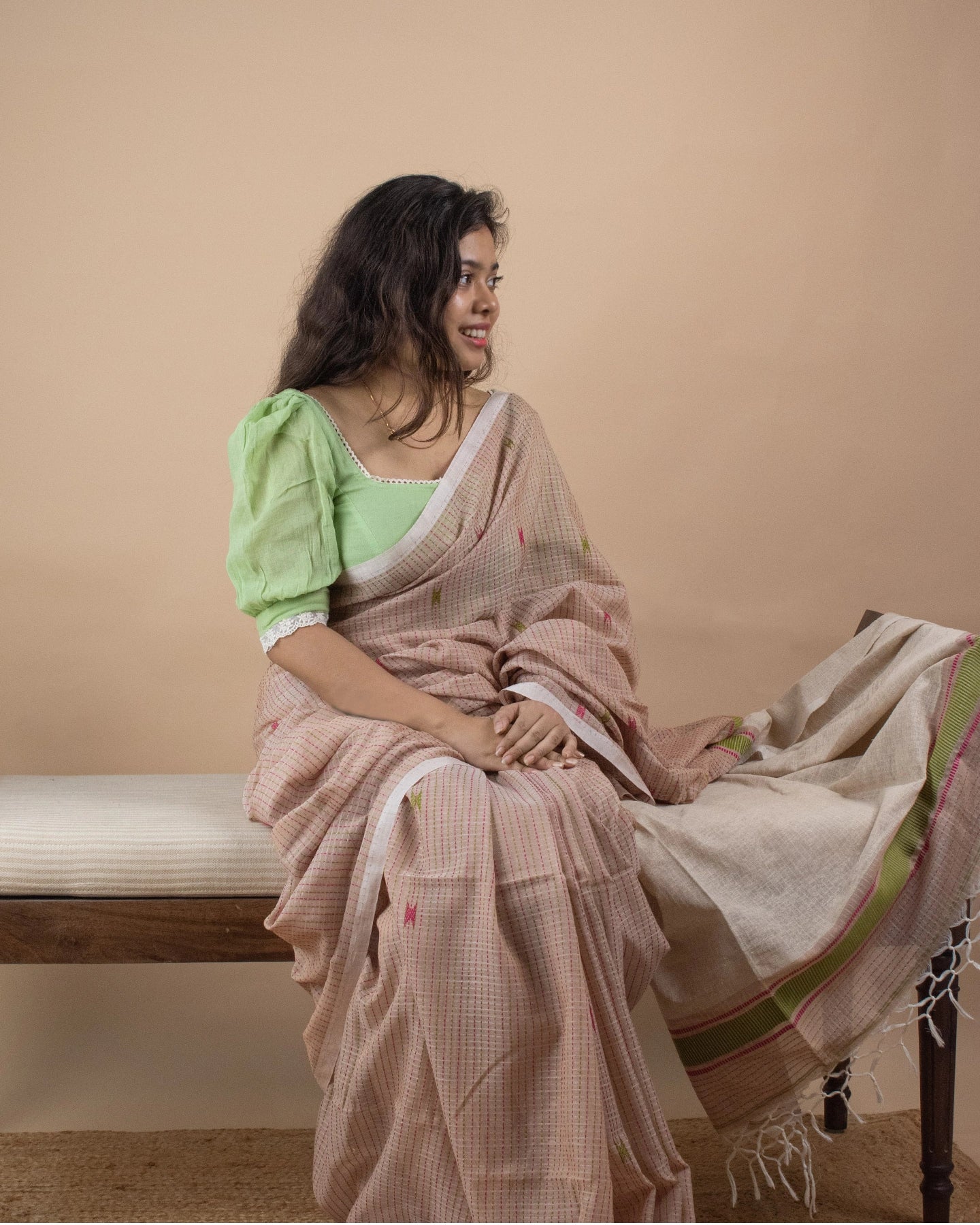 Beige Kantha Handwoven Saree