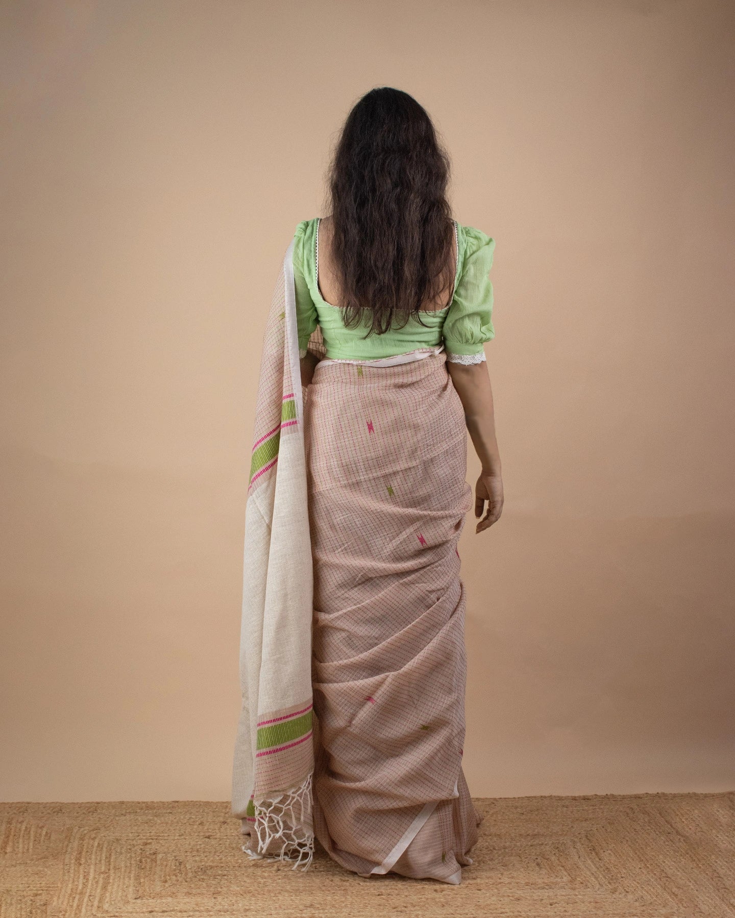 Beige Kantha Handwoven Saree