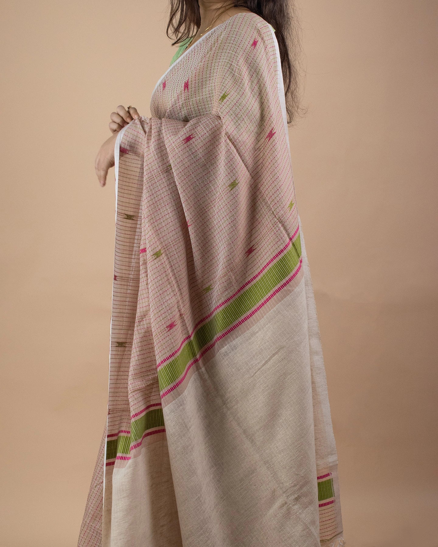 Beige Kantha Handwoven Saree