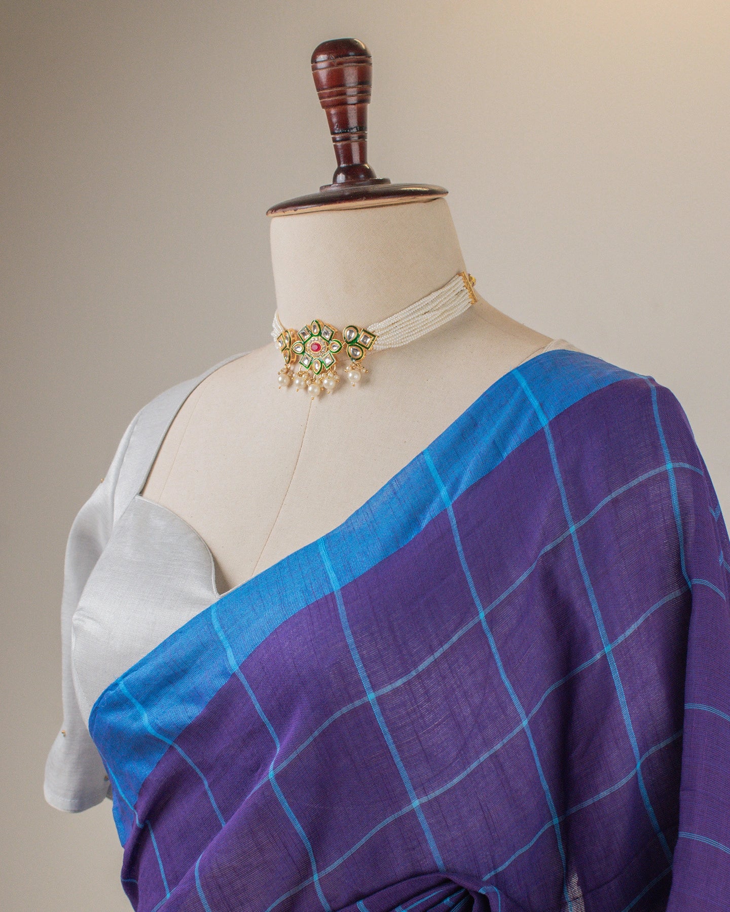 Khadi Checks Blue Saree