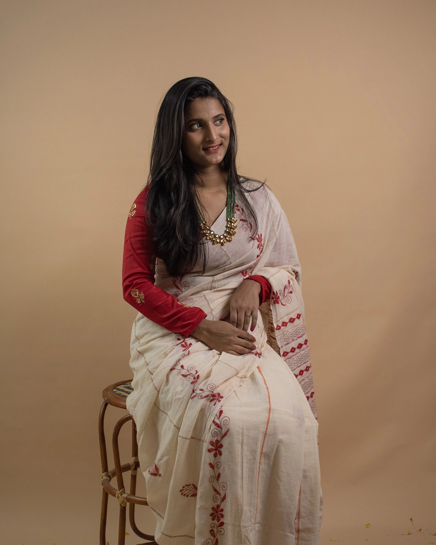 Ivory Kantha Handwoven Saree