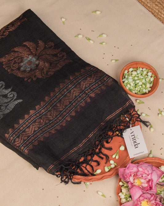 Kadambari Black Handwoven Linen Saree