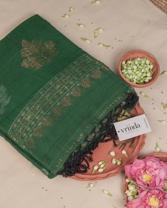 Kadambari Green Handwoven Linen Saree