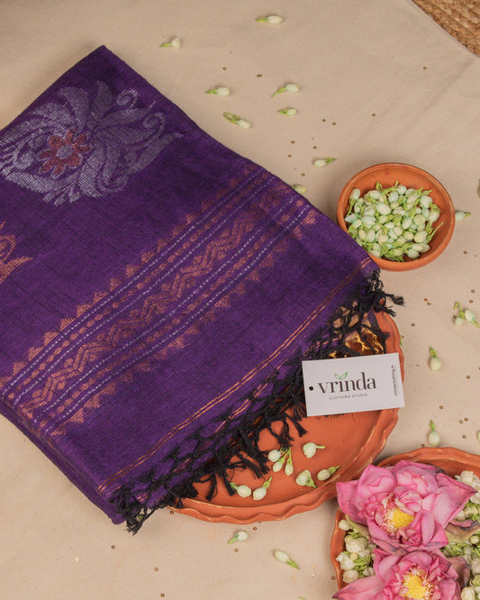 Kadambari Purple Handwoven Linen Saree