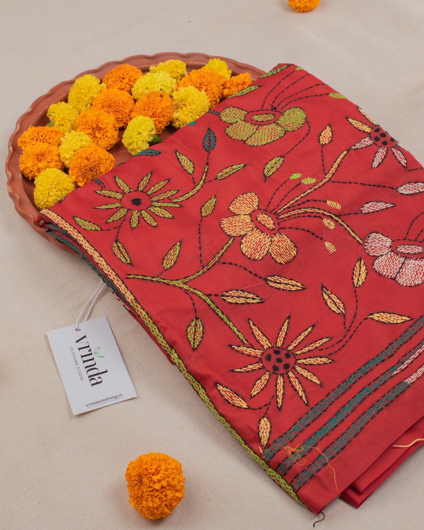 Kantha Floral Red Saree