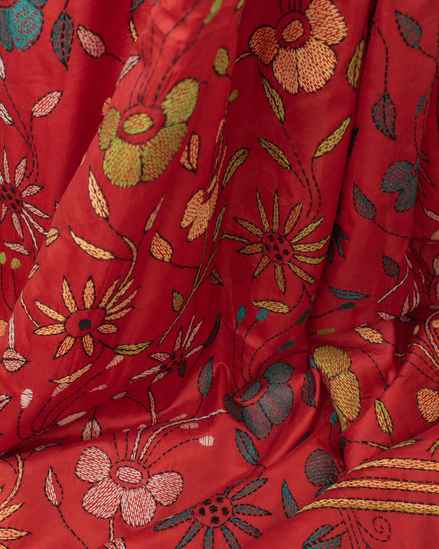 Kantha Floral Red Saree