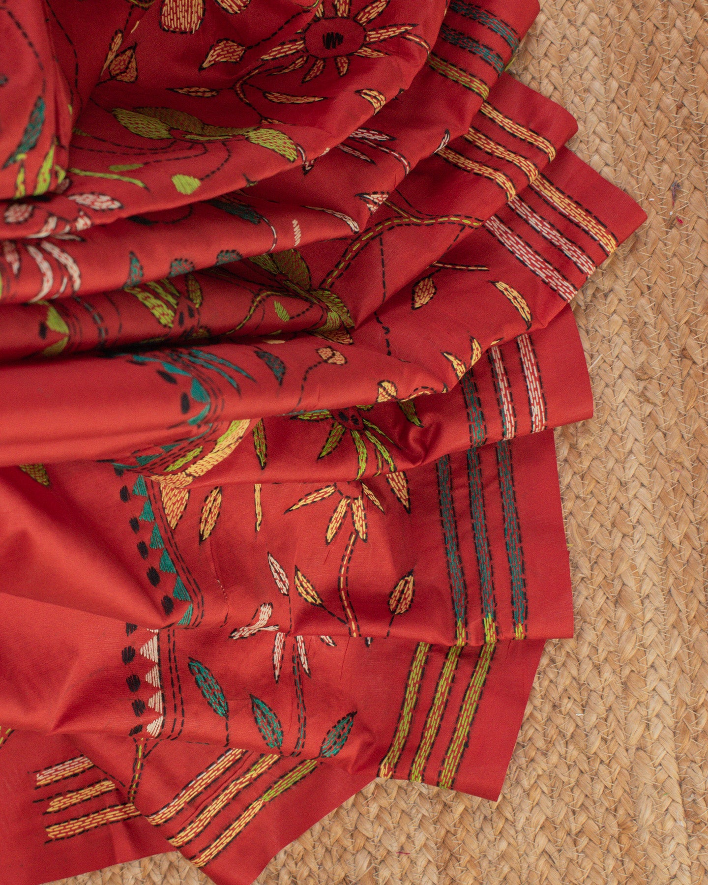 Kantha Floral Red Saree