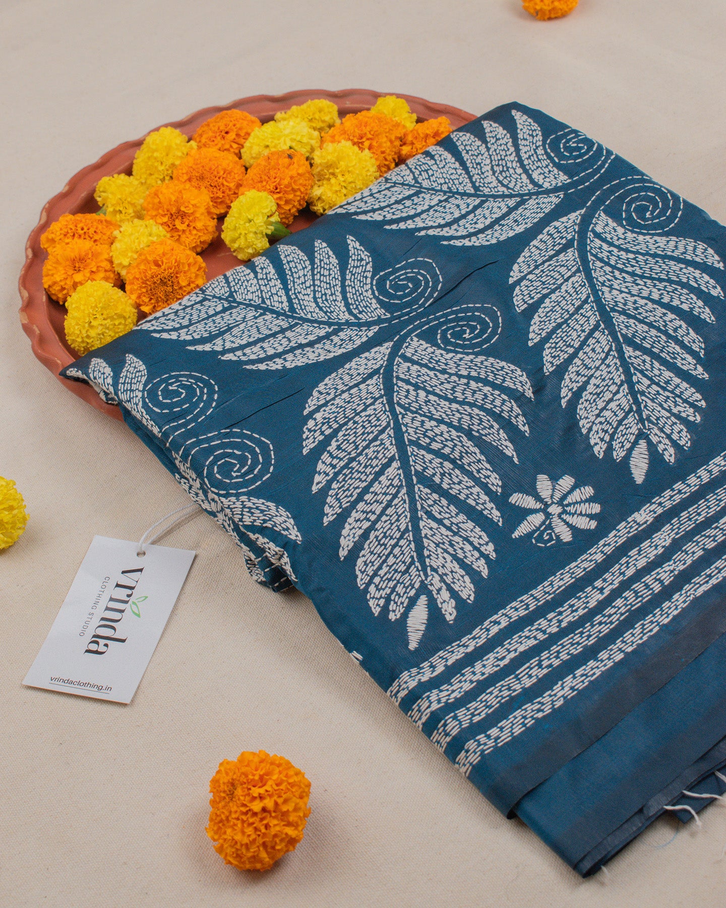 Kantha Teal Weaves Saree
