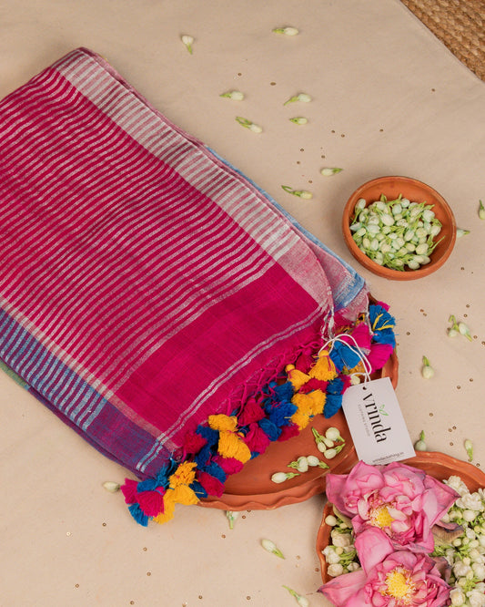 Multi-Coloured Checks Handwoven Linen Saree