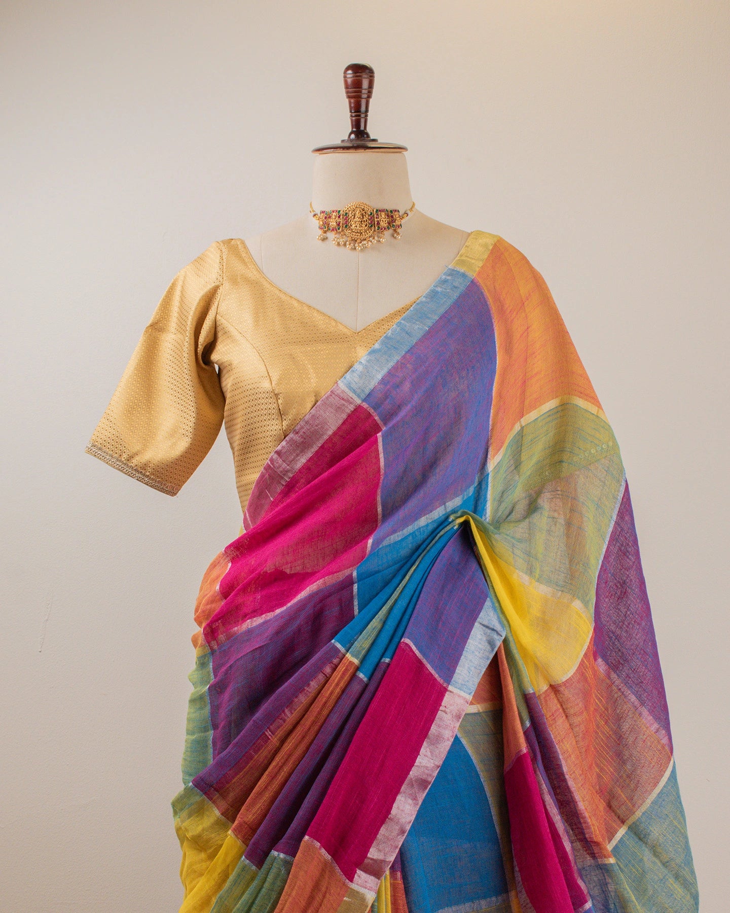 Multi-Coloured Checks Handwoven Linen Saree
