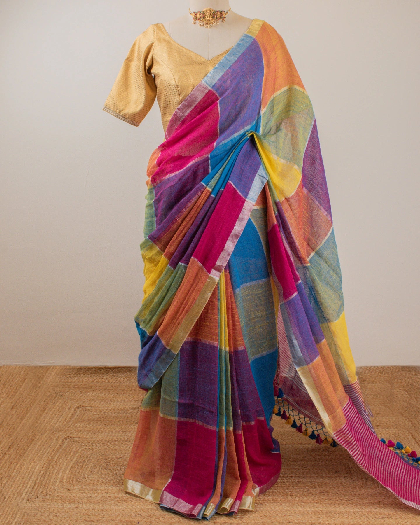 Multi-Coloured Checks Handwoven Linen Saree