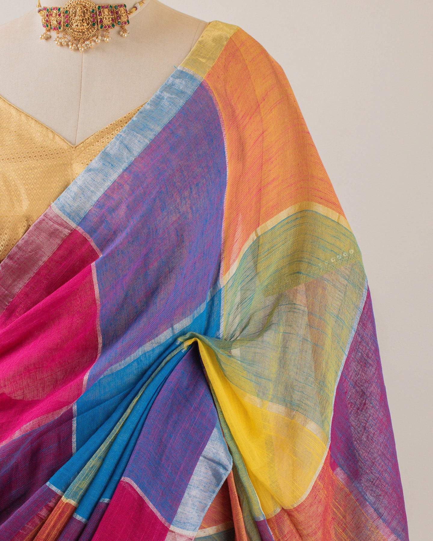 Multi-Coloured Checks Handwoven Linen Saree