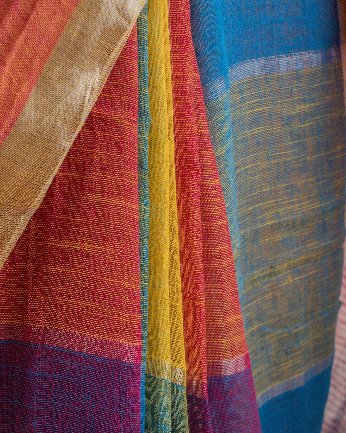Multi-Coloured Checks Handwoven Linen Saree