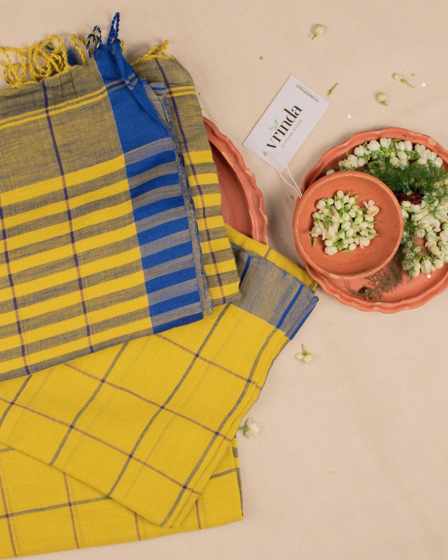 Khadi Checks Mustard Saree