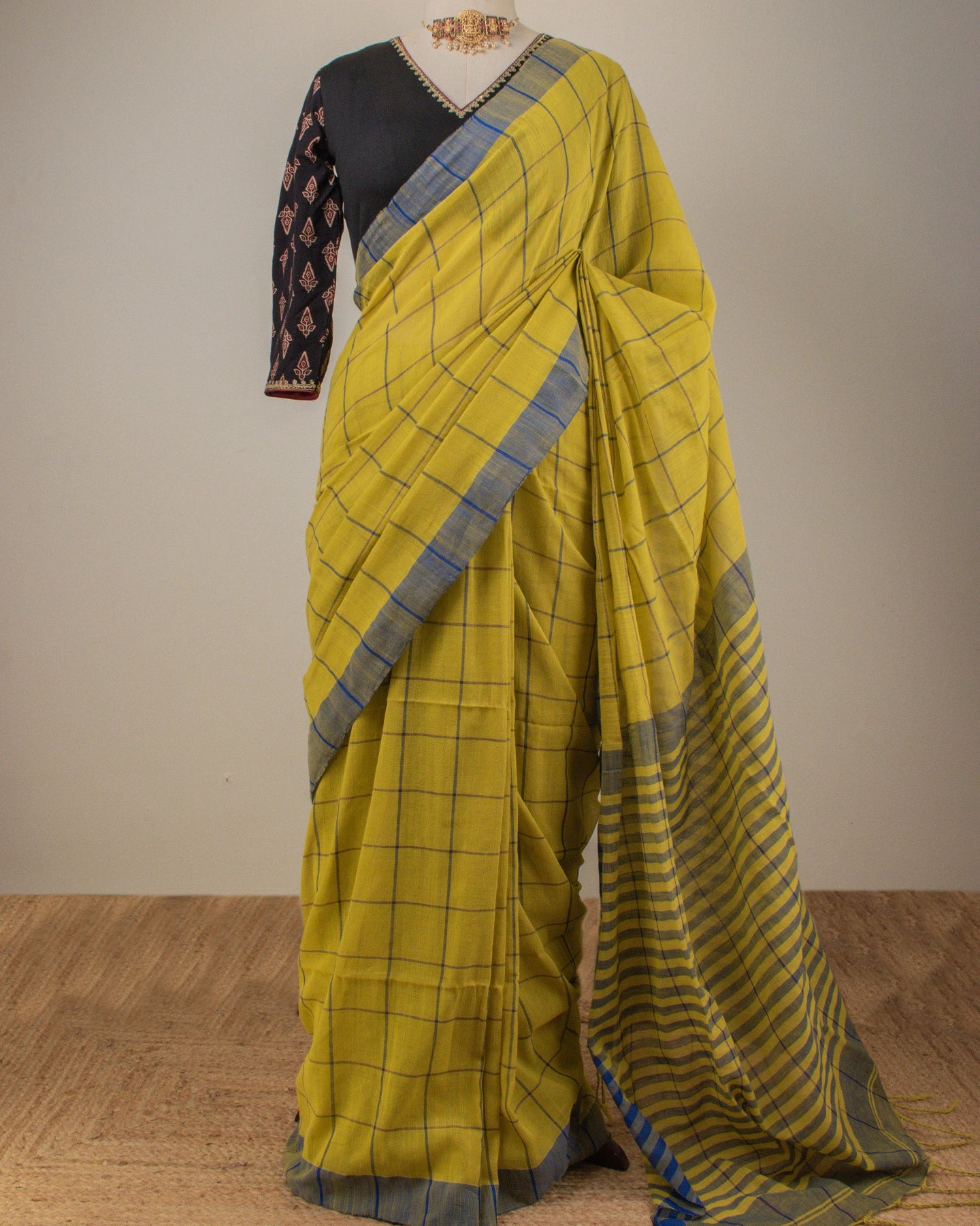 Khadi Checks Mustard Saree