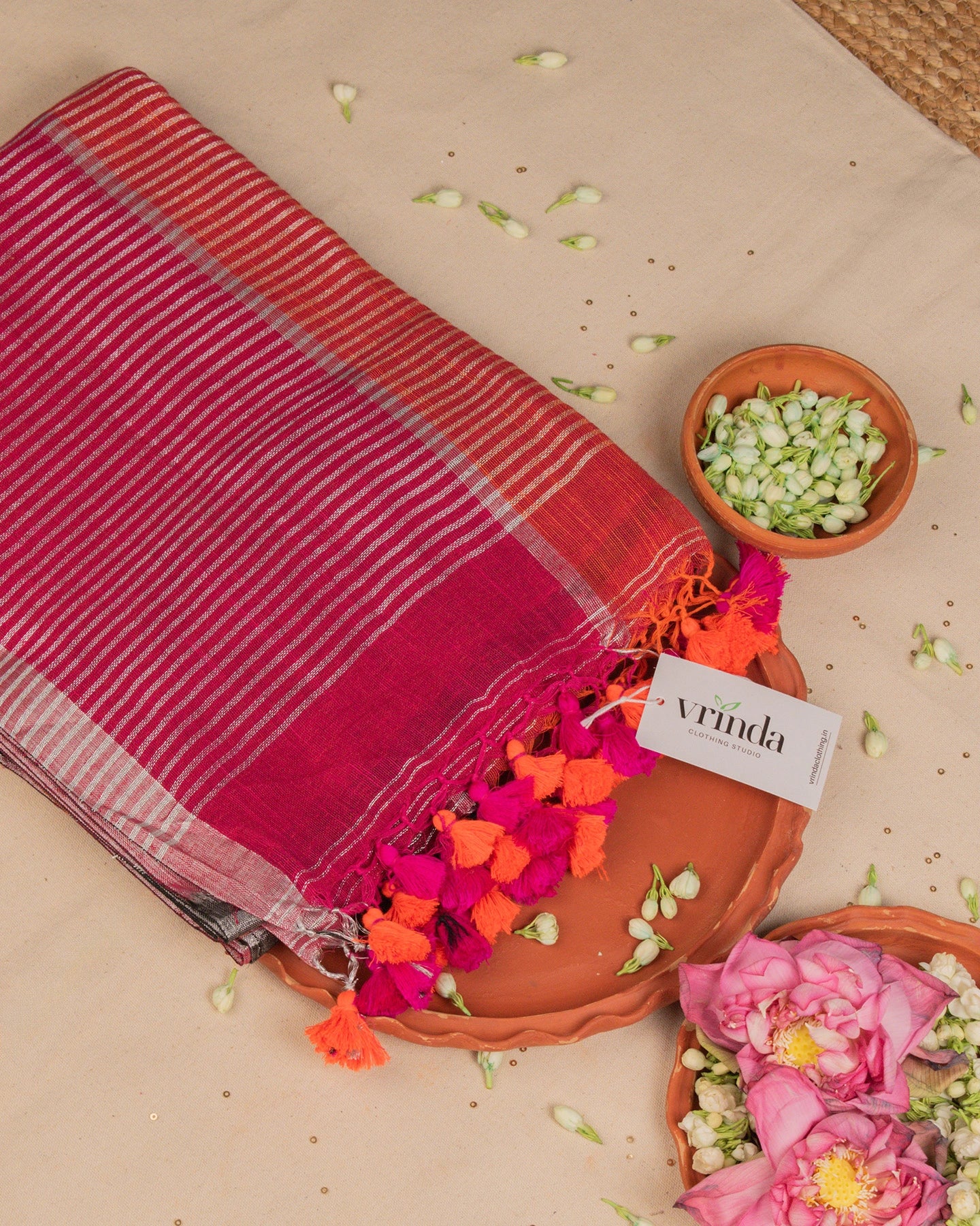 Orange Checks Handwoven Linen Saree