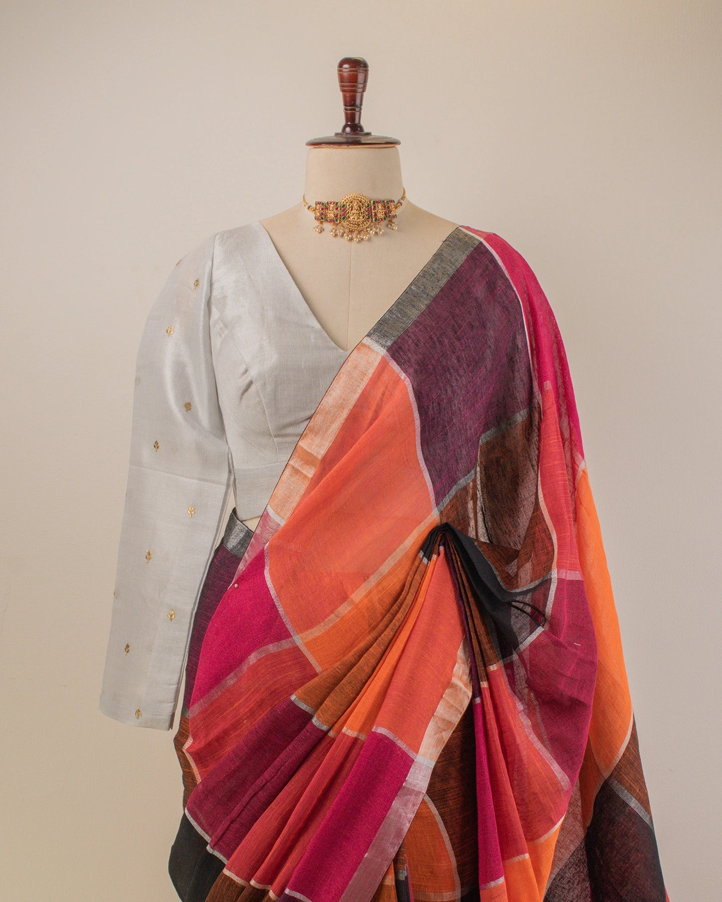 Orange Checks Handwoven Linen Saree