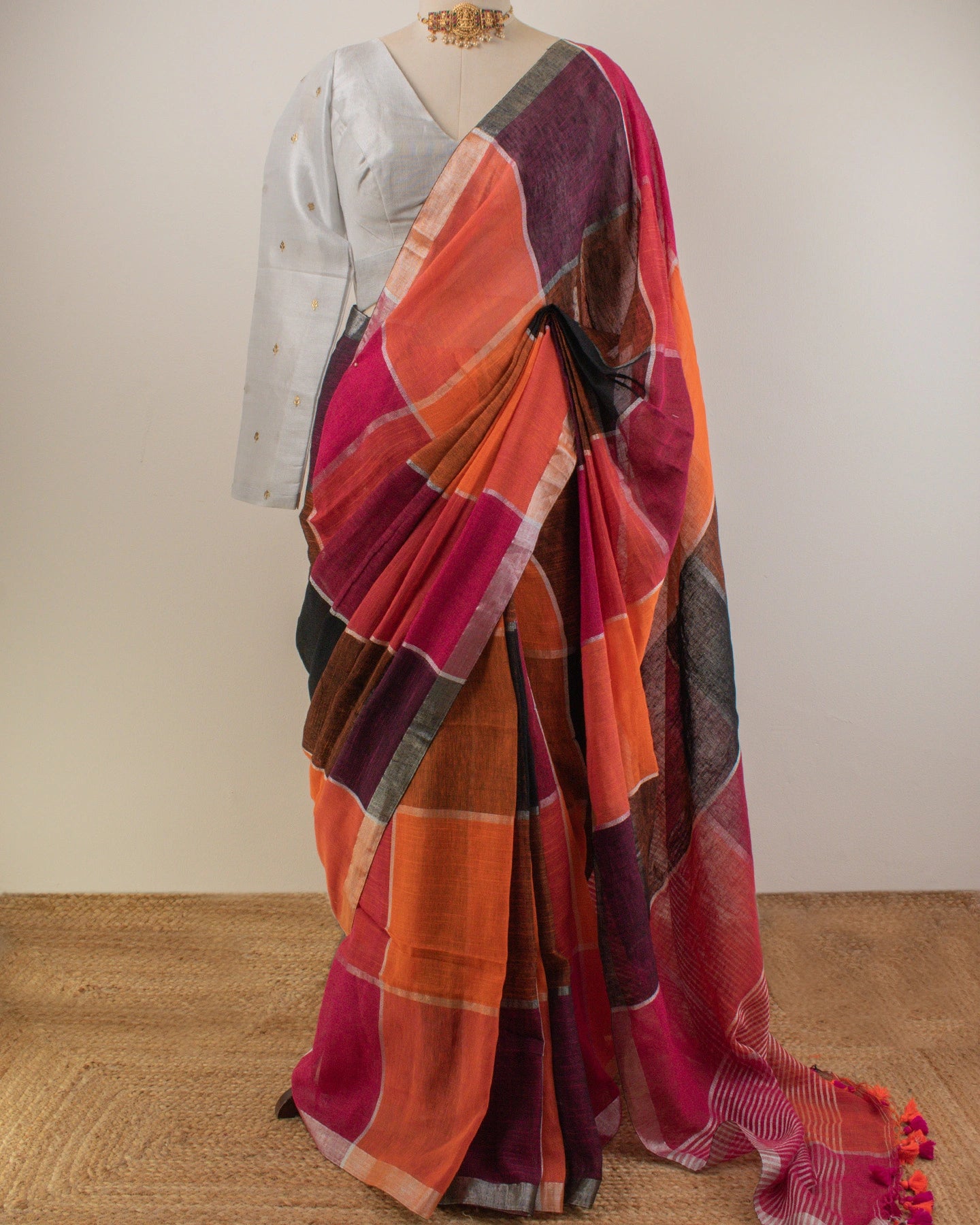 Orange Checks Handwoven Linen Saree