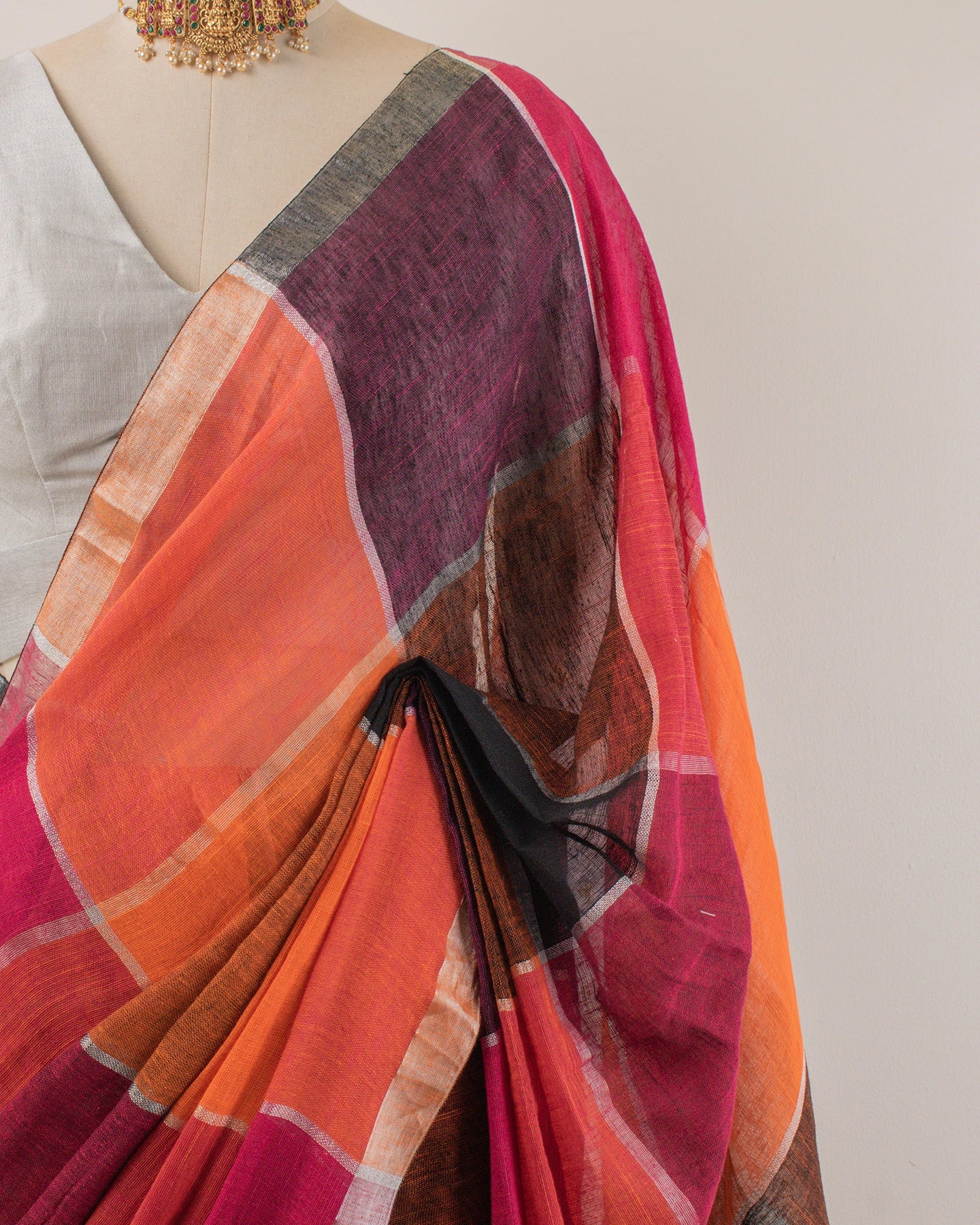 Orange Checks Handwoven Linen Saree