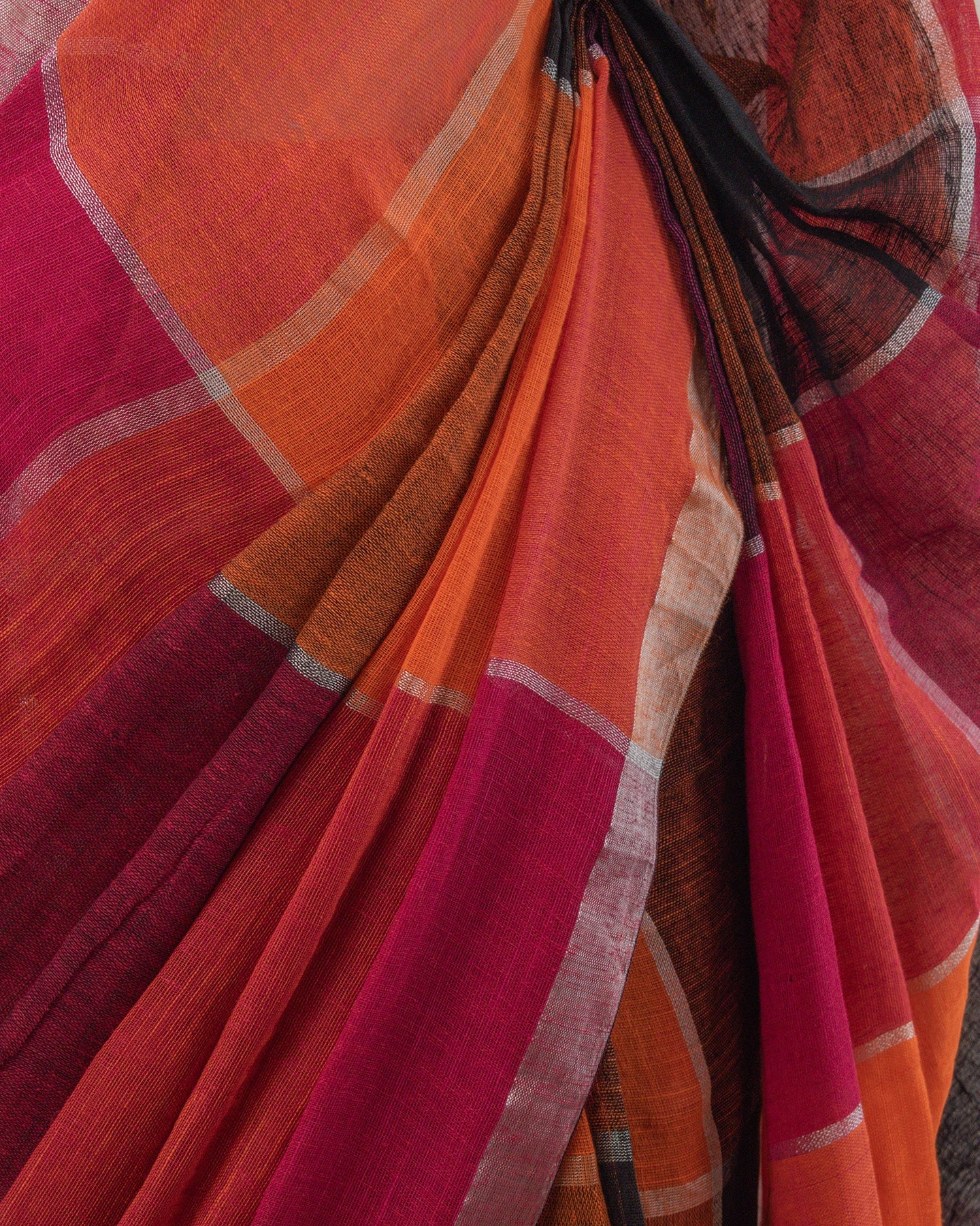 Orange Checks Handwoven Linen Saree