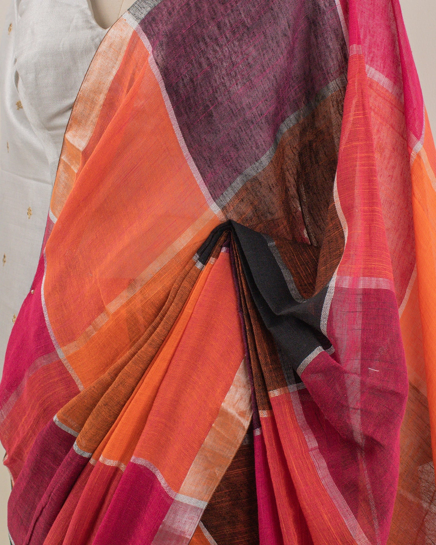 Orange Checks Handwoven Linen Saree