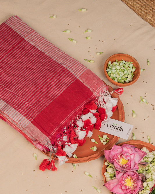 Red Checks Handwoven Linen Saree
