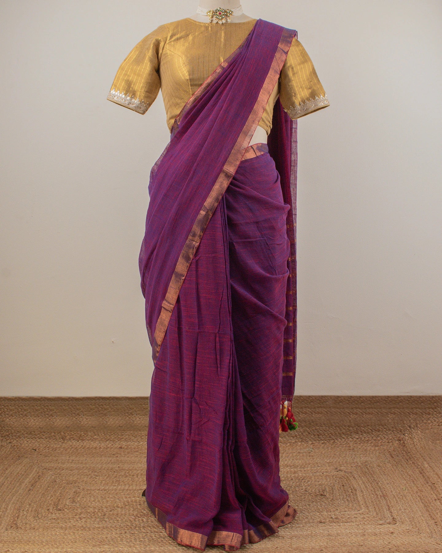 Sandhya Wine Handwoven Linen Saree