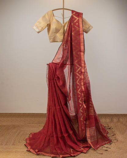 Alpona Maroon Linen Saree