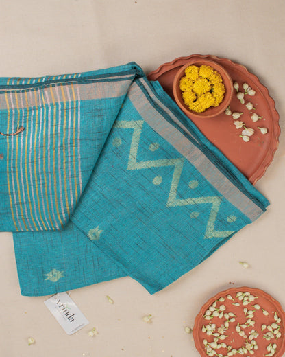 Alpona Teal Linen Saree
