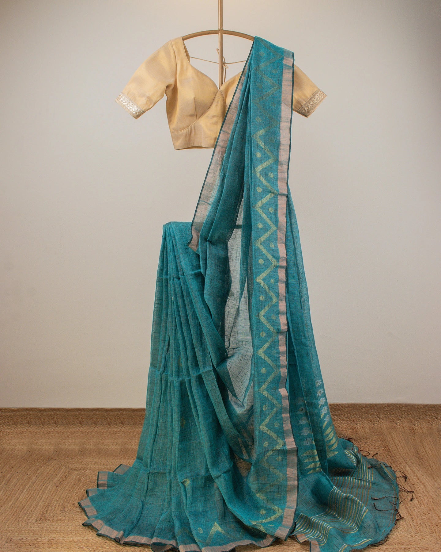 Alpona Teal Linen Saree