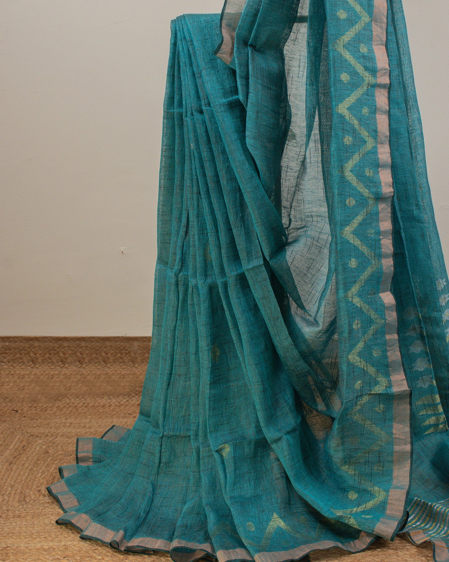 Alpona Teal Linen Saree