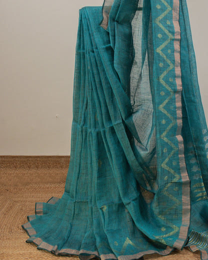 Alpona Teal Linen Saree