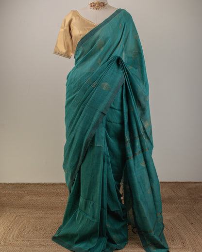 Dia Turquoise Handwoven Linen Saree
