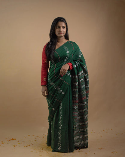 Forest Green Kantha Handwoven Saree