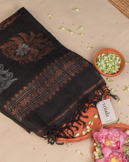 Kadambari Black Handwoven Linen Saree