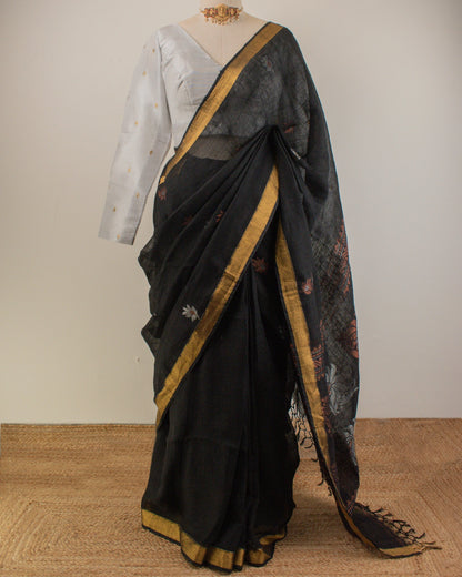 Kadambari Black Handwoven Linen Saree