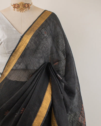 Kadambari Black Handwoven Linen Saree
