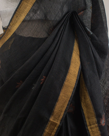 Kadambari Black Handwoven Linen Saree