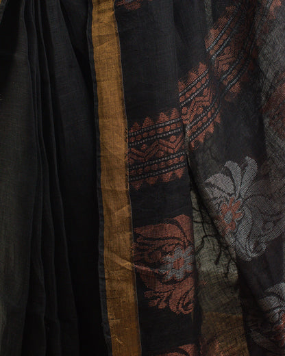 Kadambari Black Handwoven Linen Saree