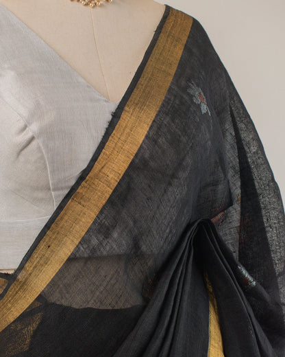 Kadambari Black Handwoven Linen Saree