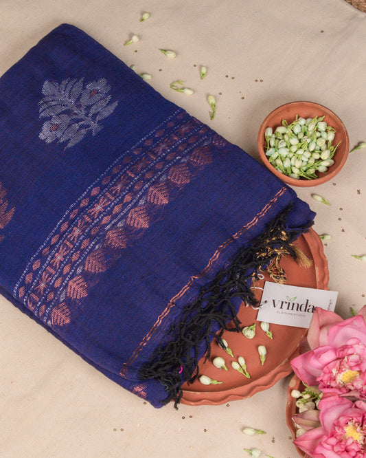 Kadambari Blue Handwoven Linen Saree