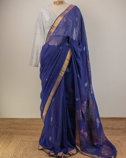 Kadambari Blue Handwoven Linen Saree