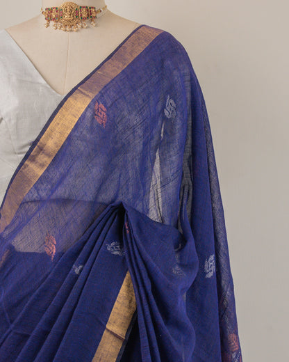 Kadambari Blue Handwoven Linen Saree