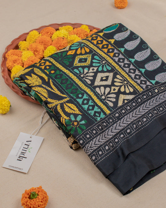 Kantha Floral Black Saree