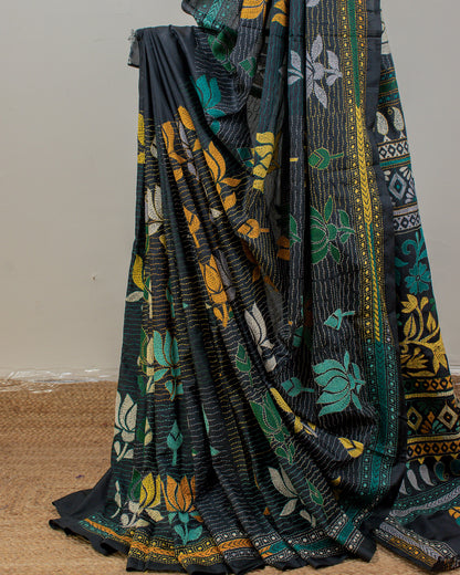 Kantha Floral Black Saree