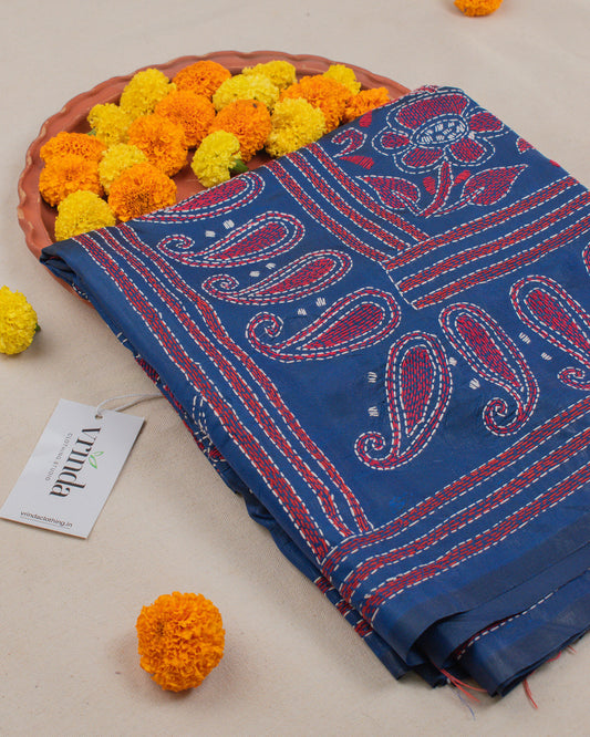 Kantha Floral Blue Saree